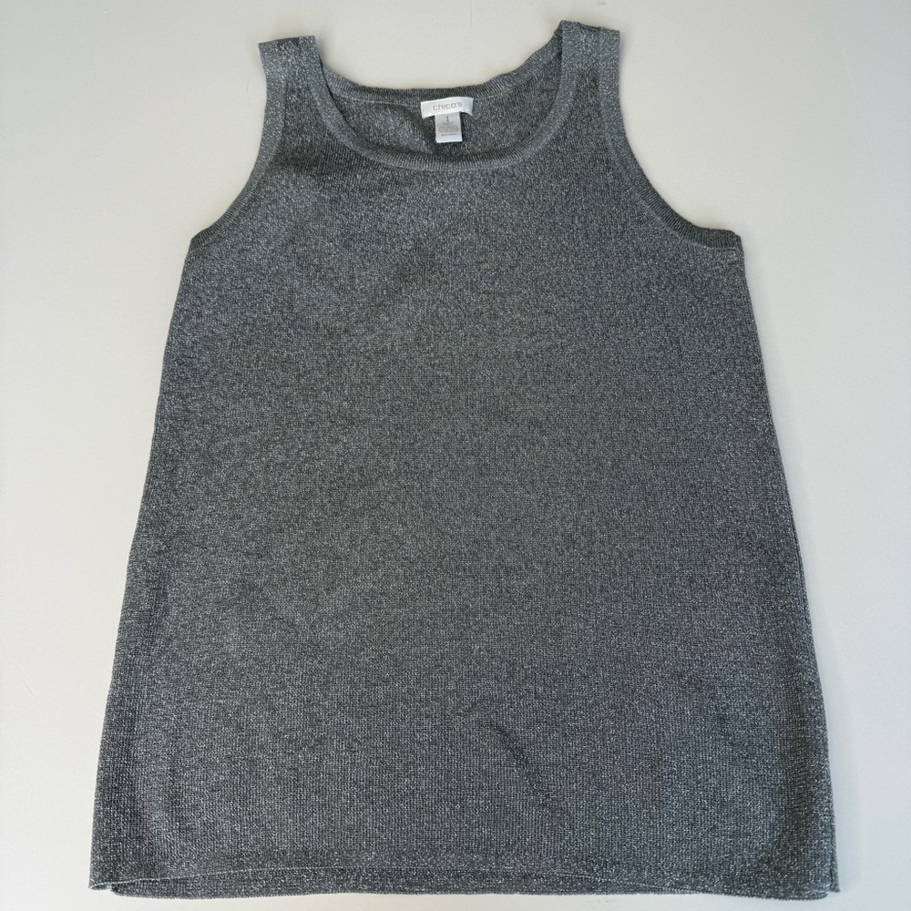 Chico’s Shimmering Chic Metallic Grey Sleeveless Sweater Tank- Chico Sz. 1 ~ New - Picture 3 of 11